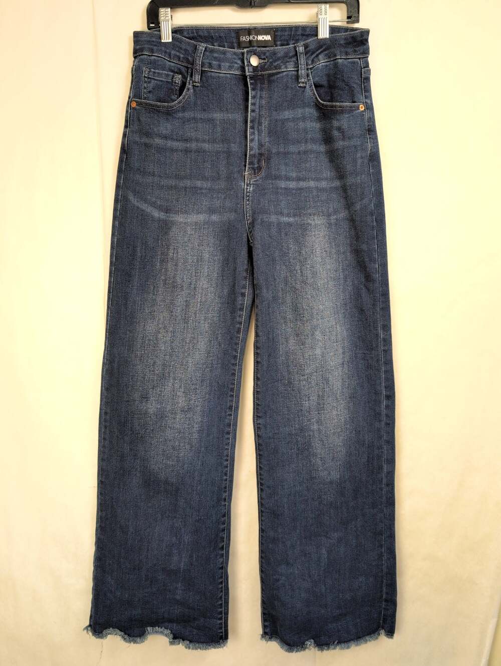 Fashion Nova wide leg raw hem dark wash jeans Size 13 Boho Classic Denim Retro